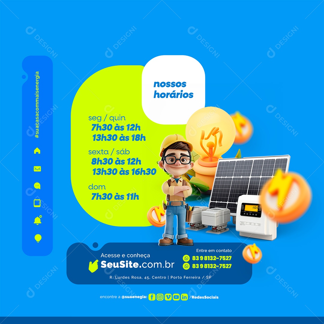 Energia Solar nossos horários Acesse e conheça Social Media PSD Editável