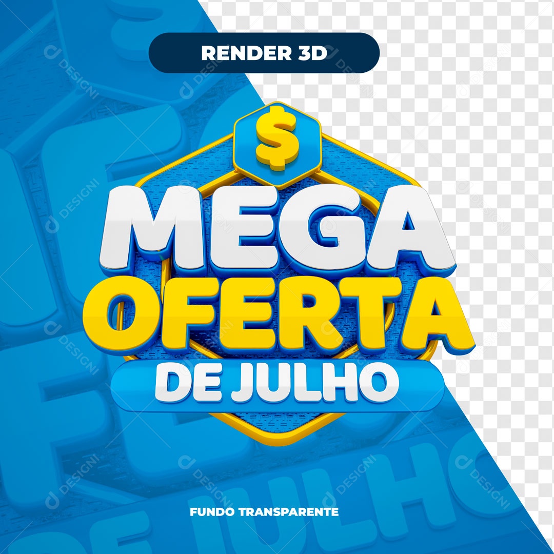 Mega Ofertas de Julho Selo 3D Azul Branco Amarelo para Composição PSD