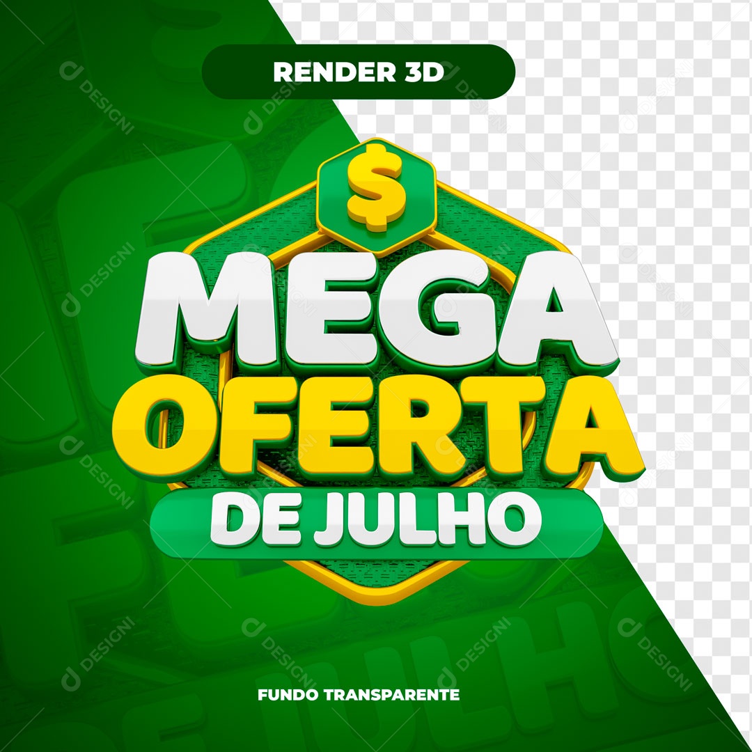 Mega Ofertas de Julho Selo 3D Verde Branco Amarelo para Composição PSD