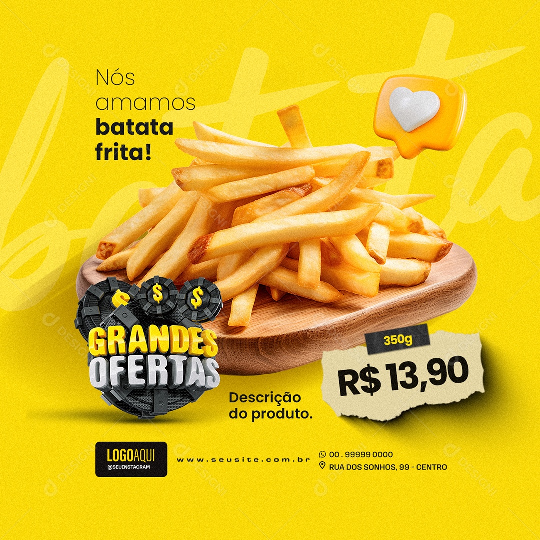 Grandes Ofertas Bar Nós amamos batata frita Social Media PSD Editável