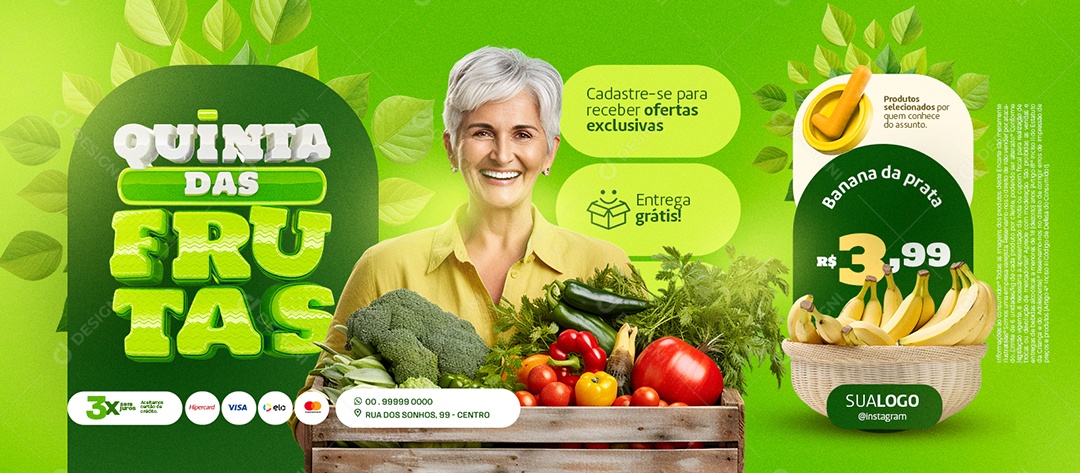 Banner Quinta das Frutas Hortifruti Banana da prata Social Media PSD Editável