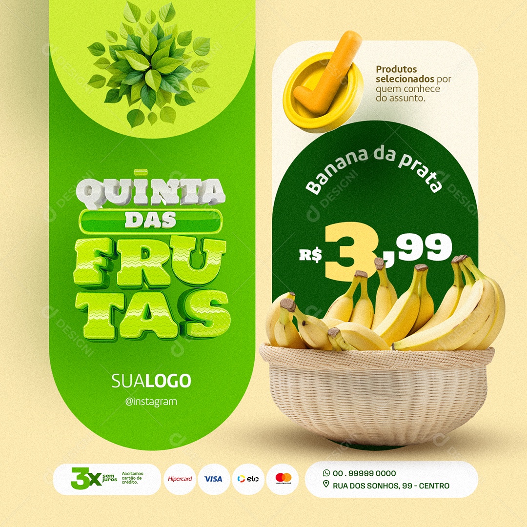 Quinta das Frutas Hortifruti Banana da prata Social Media PSD Editável