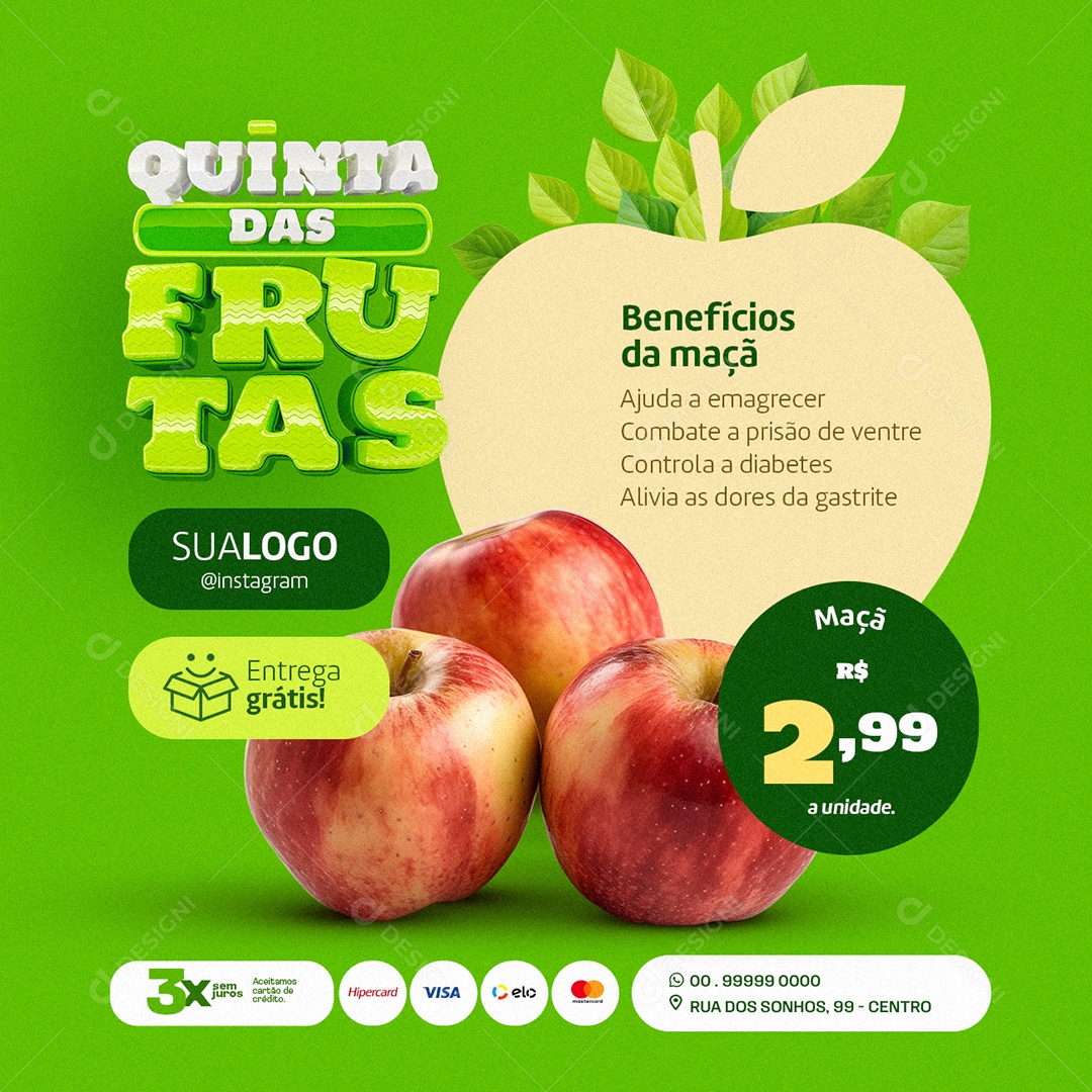 Quinta das Frutas Hortifruti Benefícios da maçã Social Media PSD Editável
