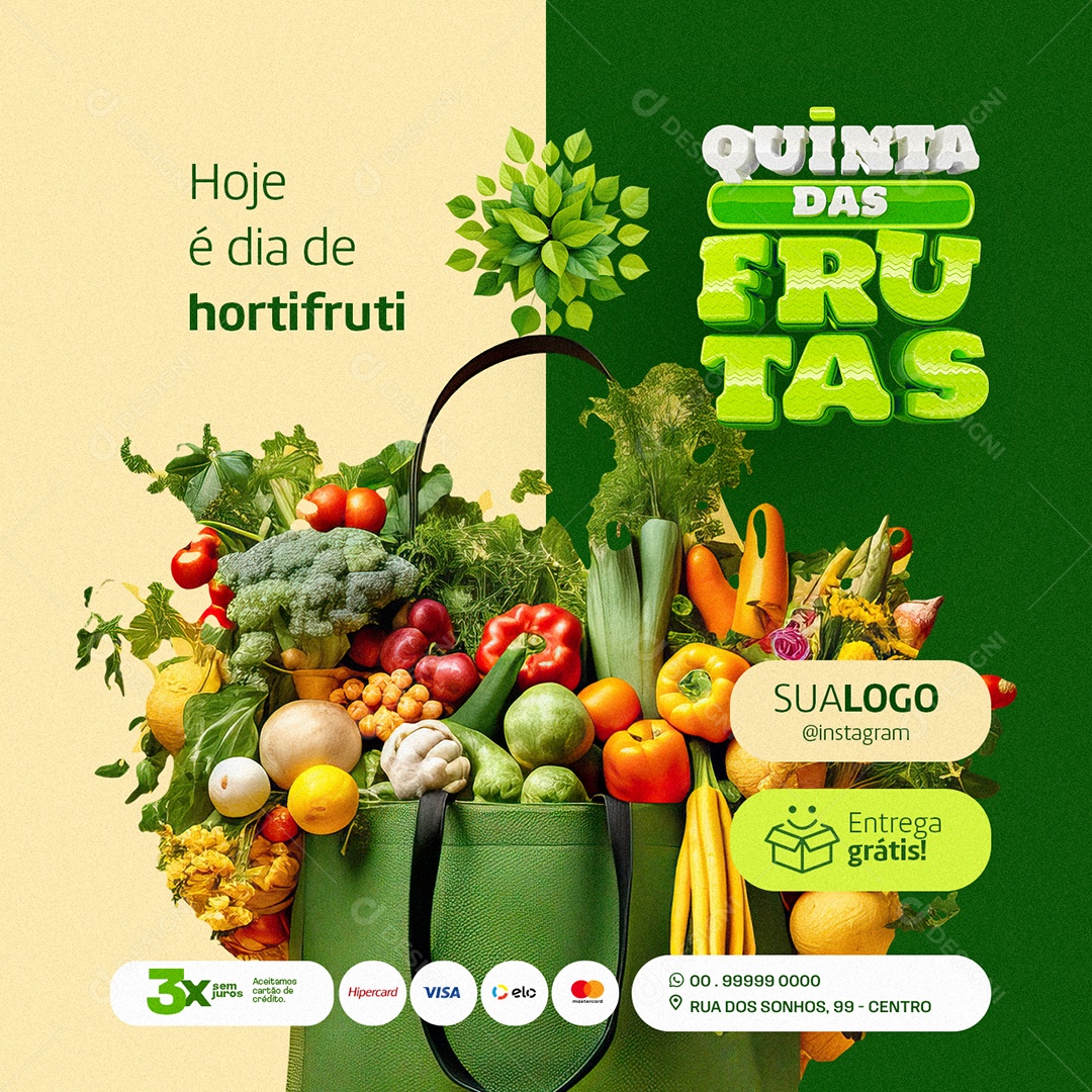 Quinta das Frutas Hoje é dia de hortifruti entrega grátis Social Media PSD Editável