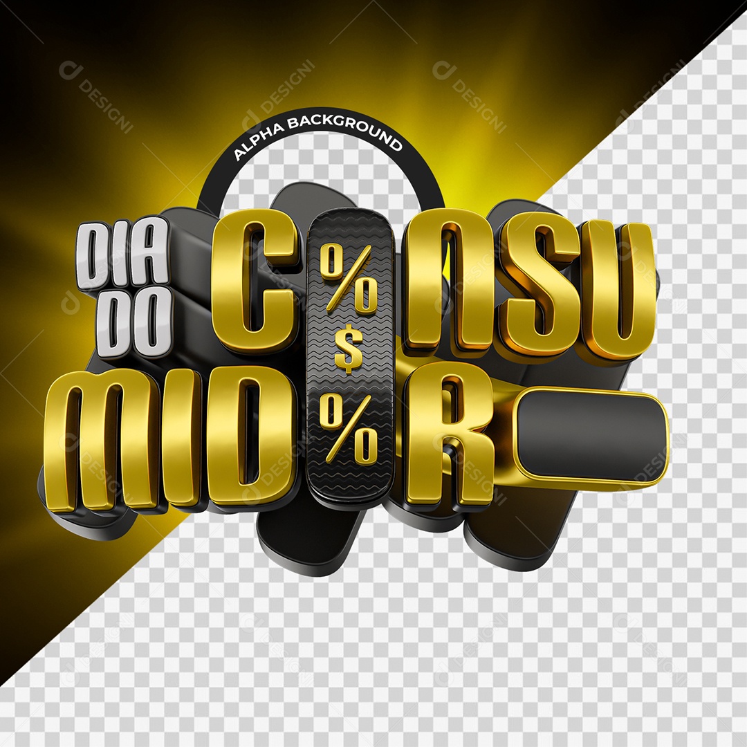 Dia do Consumidor Selo 3D Dourado  e Preto para Composição PSD