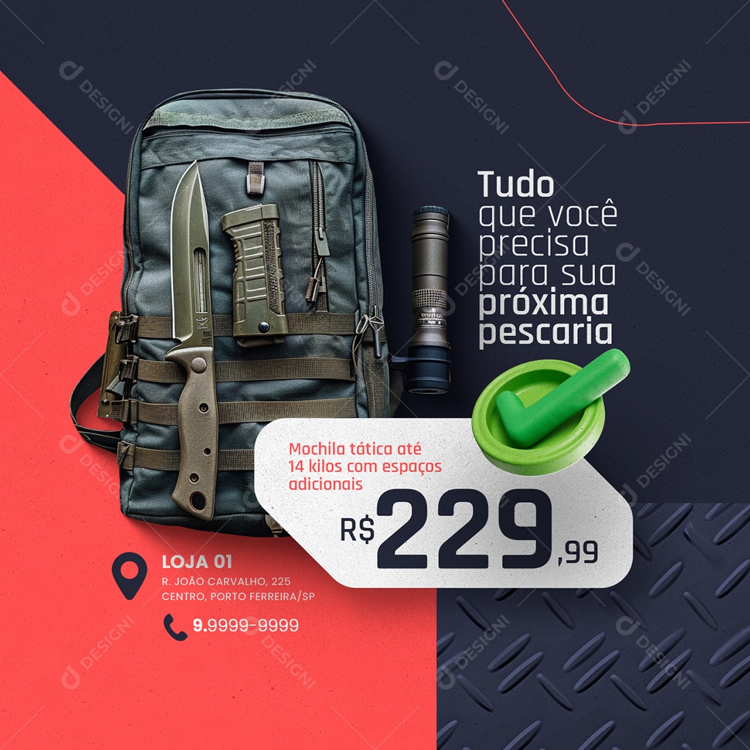 Caça e Pesca Mochila tática até 14 kilos com espaços Social Media PSD Editável