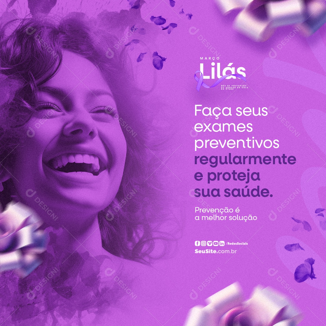 Março Lilás Faça seus exames preventivos Social Media PSD Editável