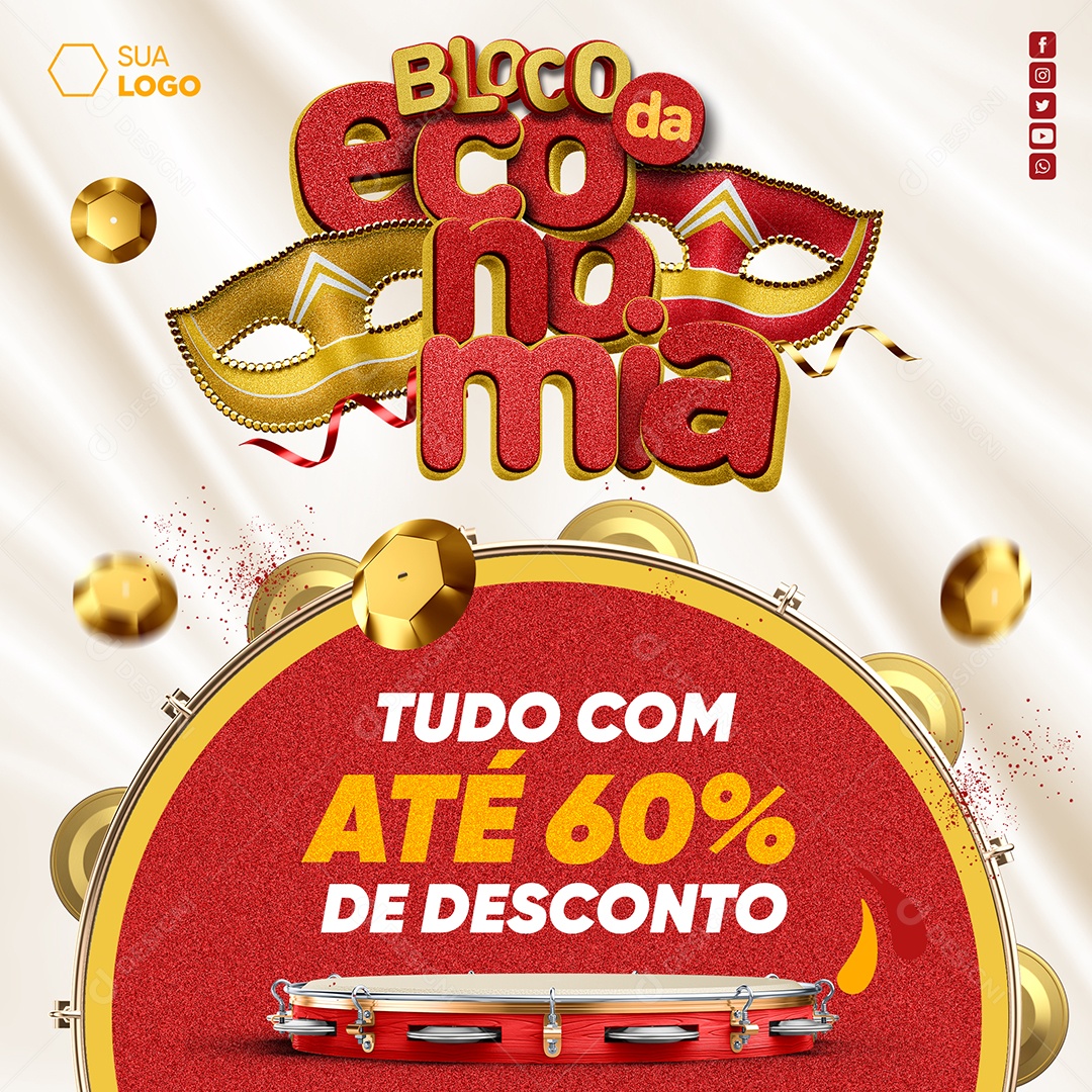 Bloco da Economia Supermercado Tudo com Até 60% de Desconto Social Media PSD Editável