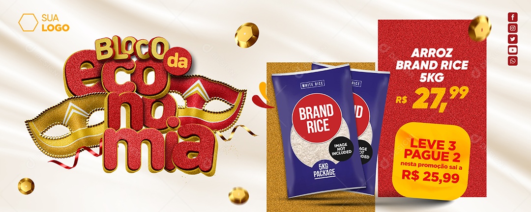 Banner Bloco da Economia Supermercado Arroz brand Social Media PSD Editável