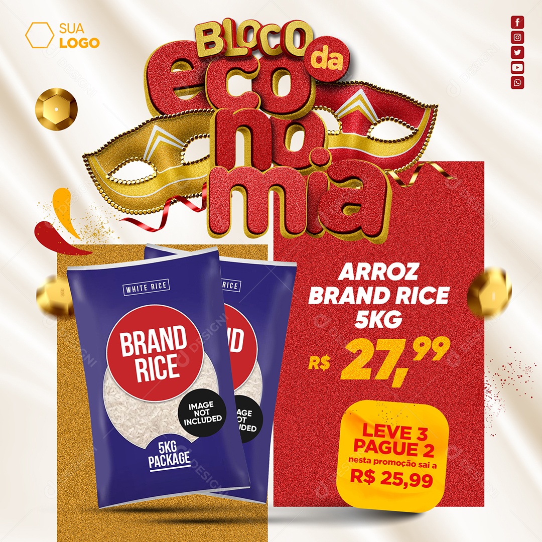 Bloco da Economia Supermercado Arroz brand Social Media PSD Editável