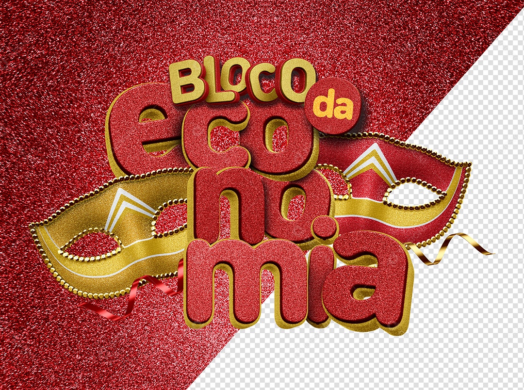 Selo 3D Bloco da Economia Dourado e Vermelho para Composição PSD