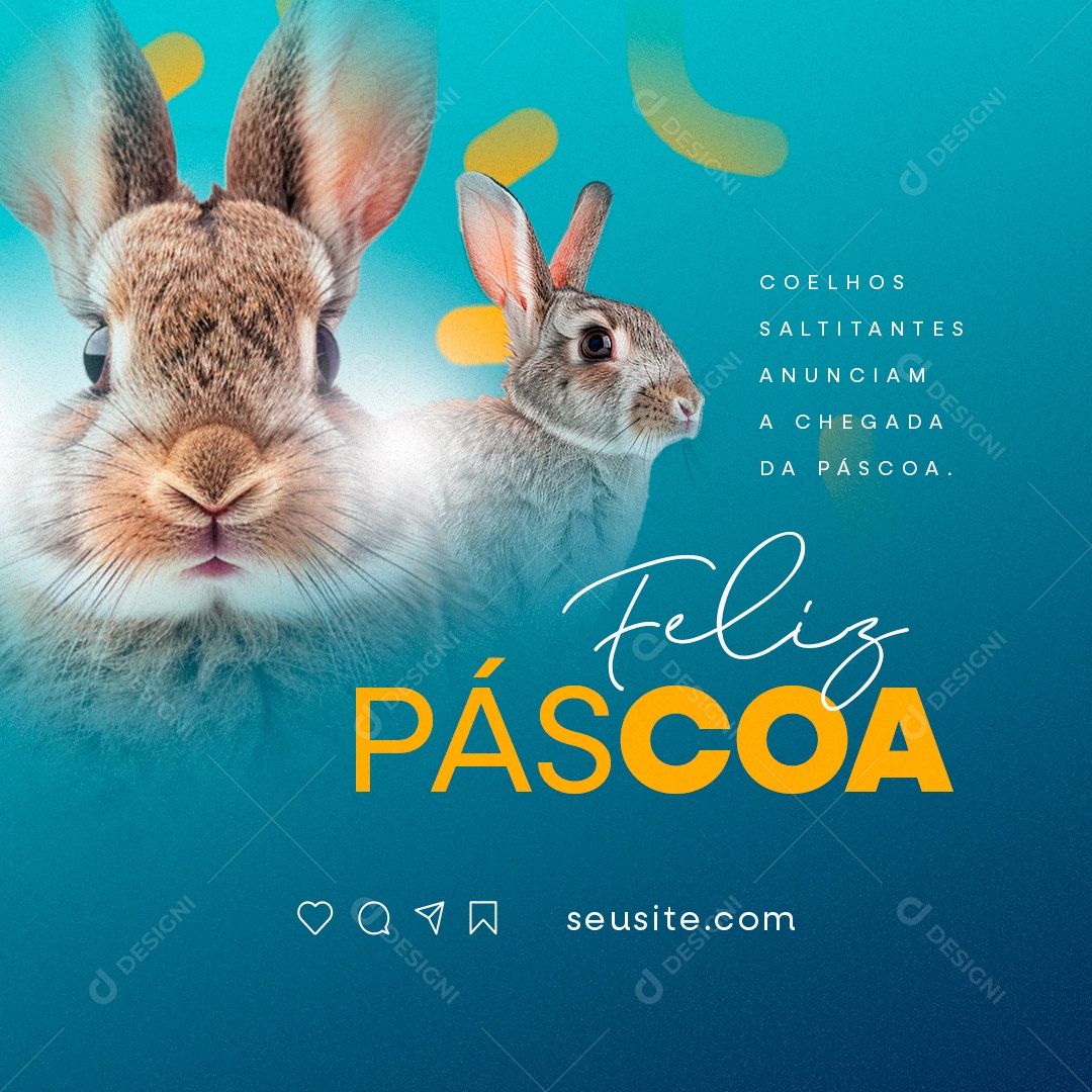 Feliz Páscoa Coelhos saltitantes anunciam a chegada da páscoa Social Media PSD Editável