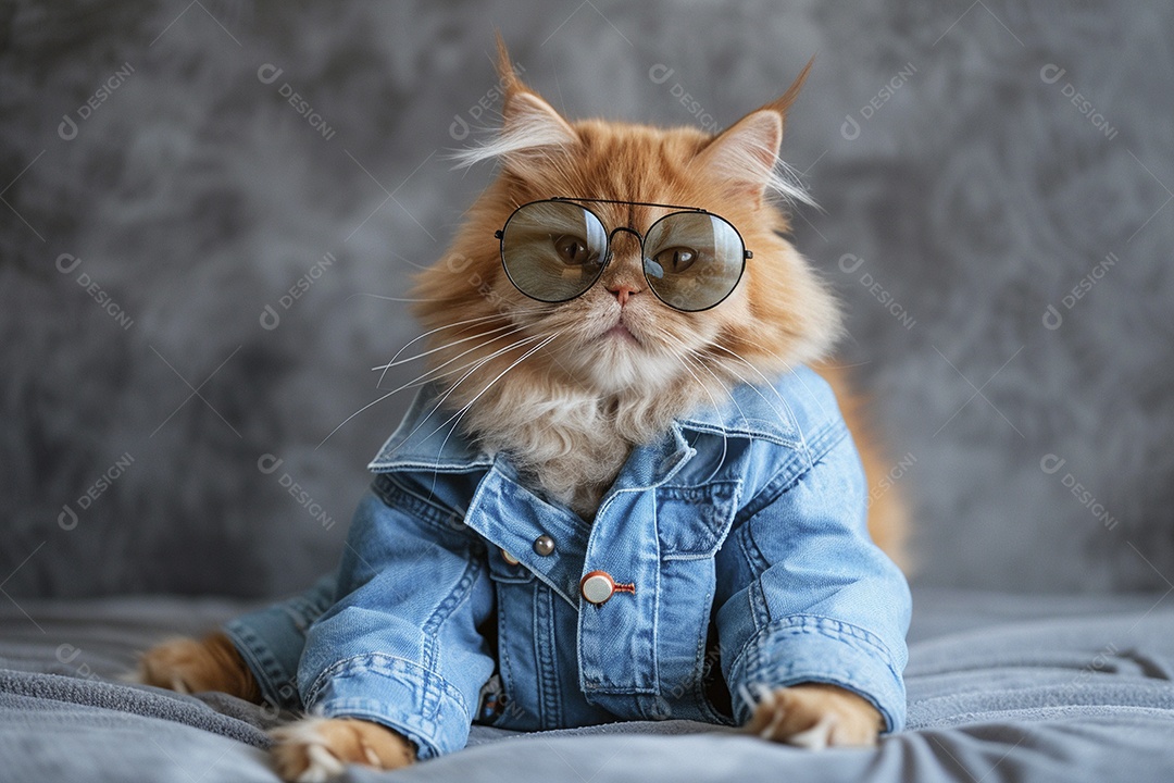 Gato laranja vestindo roupas azuis e óculos de sol em fundo amarelo