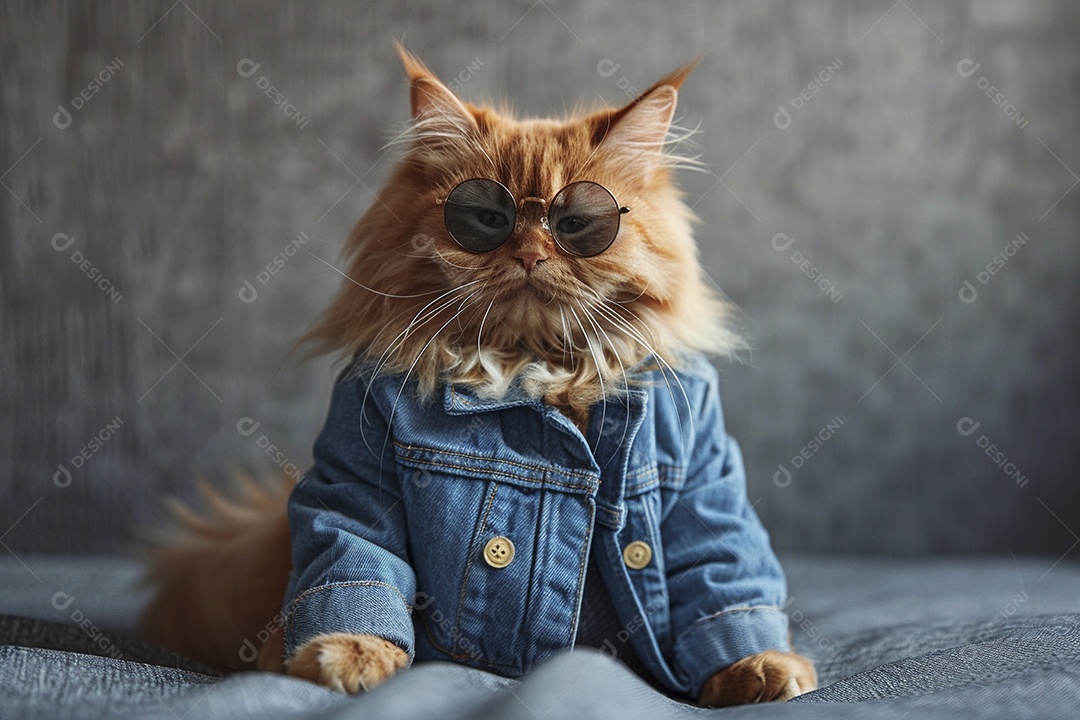 Gato laranja vestindo roupas azuis e óculos de sol em fundo amarelo