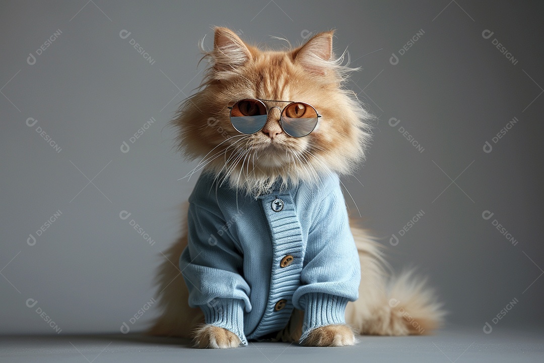 Gato laranja vestindo roupas azuis e óculos de sol em fundo amarelo