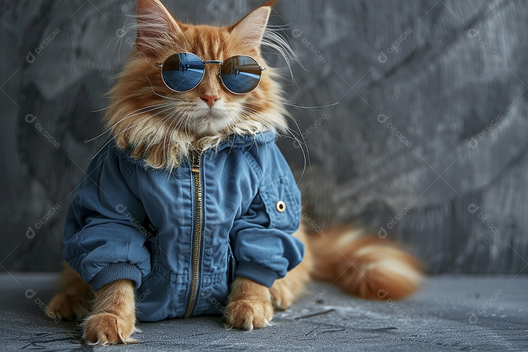 Gato laranja vestindo roupas azuis e óculos de sol em fundo amarelo