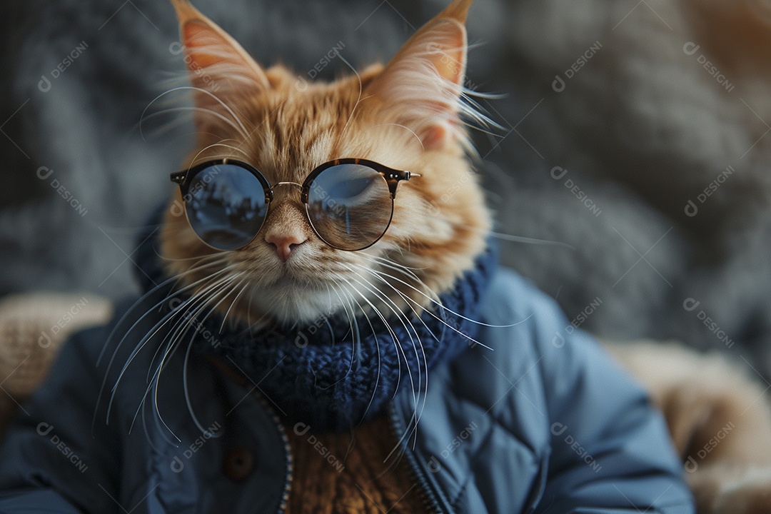 Gato laranja vestindo roupas azuis e óculos de sol em fundo rosa