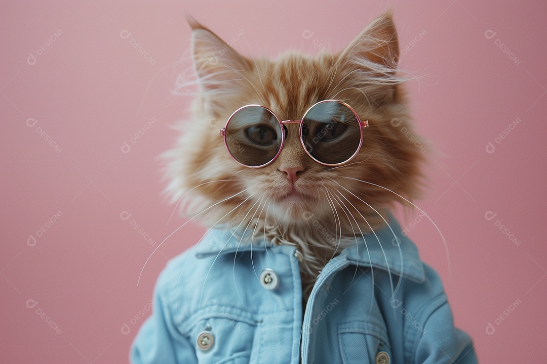 Gato laranja vestindo roupas azuis e óculos de sol em fundo rosa