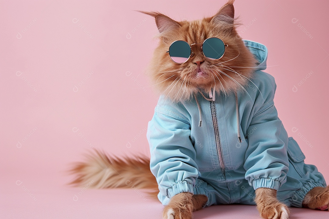 Gato laranja vestindo roupas azuis e óculos de sol em fundo rosa