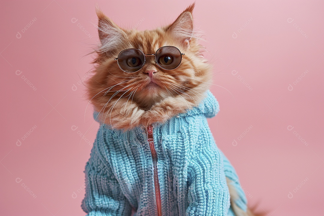 Gato laranja vestindo roupas azuis e óculos de sol em fundo rosa