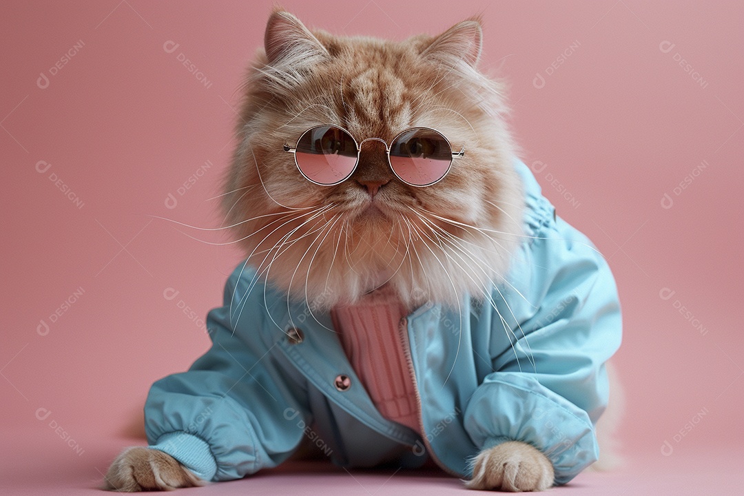 Gato laranja vestindo roupas azuis e óculos de sol em fundo rosa