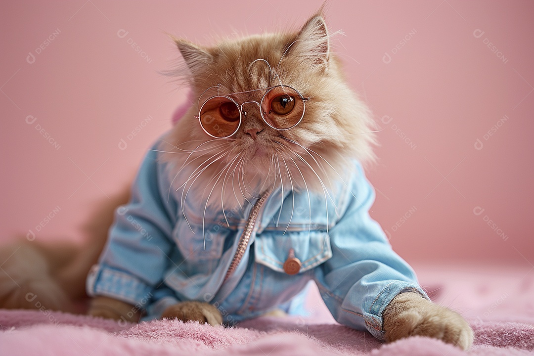 Gato laranja vestindo roupas azuis e óculos de sol em fundo rosa