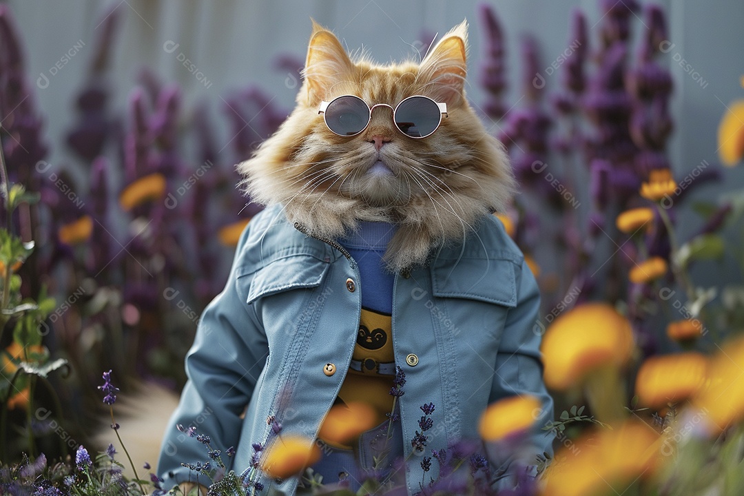 Gato laranja vestindo roupas azuis e óculos escuros em fundo isolado