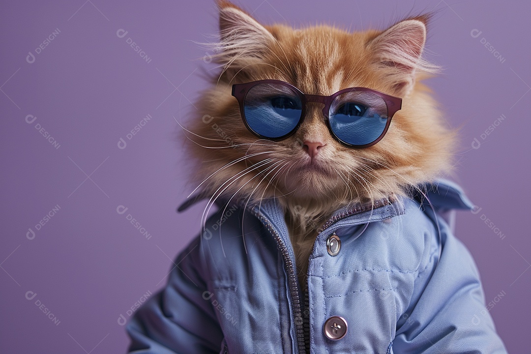 Gato laranja vestindo roupas azuis e óculos escuros em fundo isolado