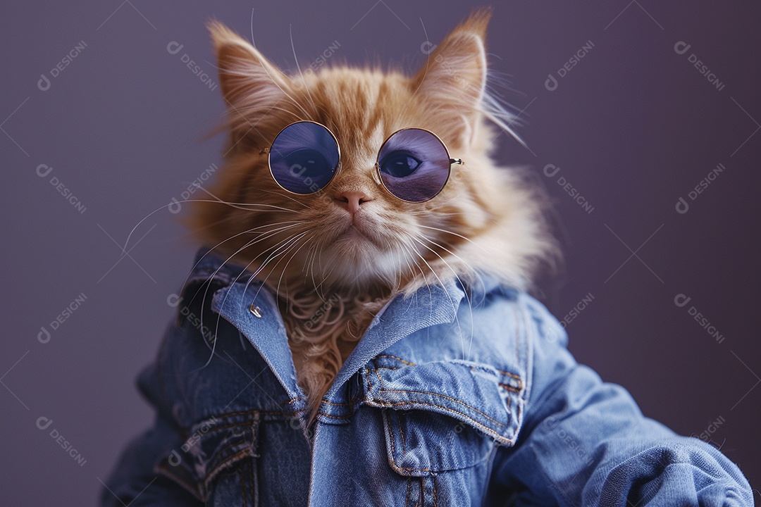 Gato laranja vestindo roupas azuis e óculos escuros em fundo isolado