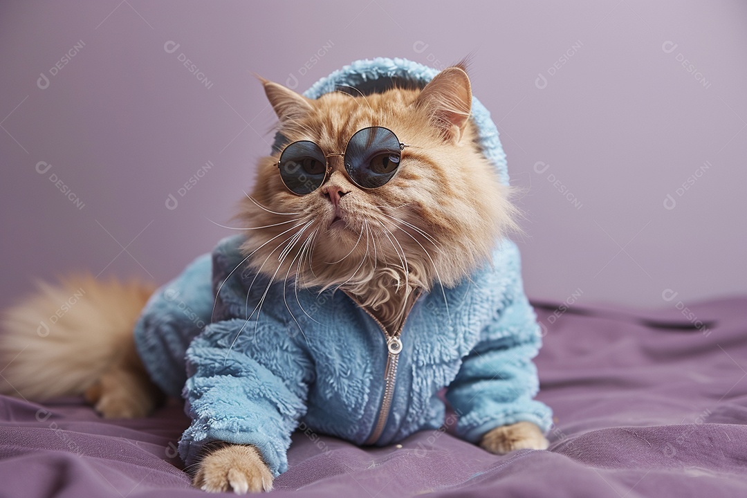 Gato laranja vestindo roupas azuis e óculos escuros em fundo isolado