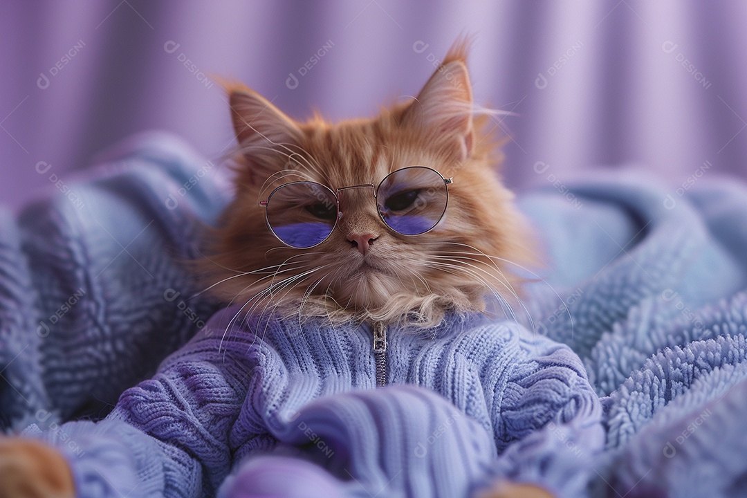 Gato laranja vestindo roupas azuis e óculos escuros em fundo isolado