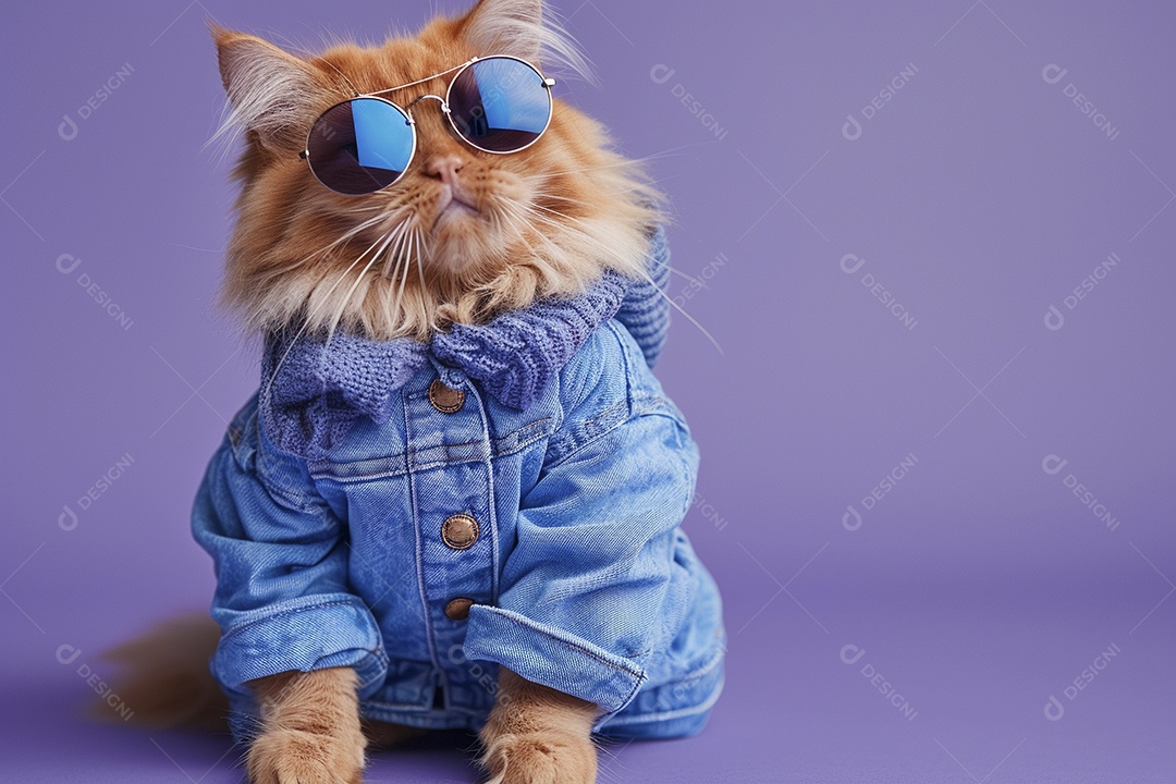 Gato laranja vestindo roupas azuis e óculos escuros em fundo isolado