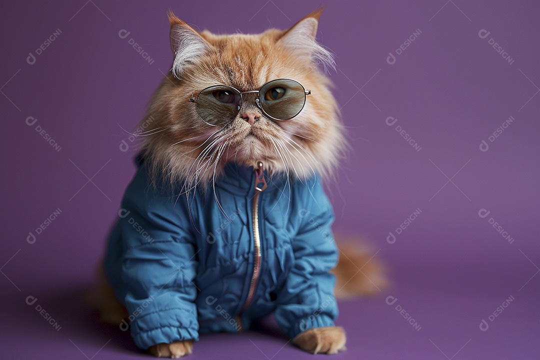Gato laranja vestindo roupas azuis e óculos de sol em fundo amarelo
