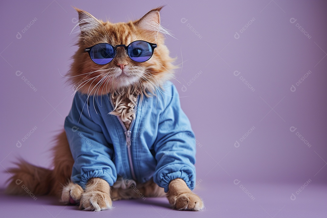 Gato laranja vestindo roupas azuis e óculos de sol em fundo amarelo