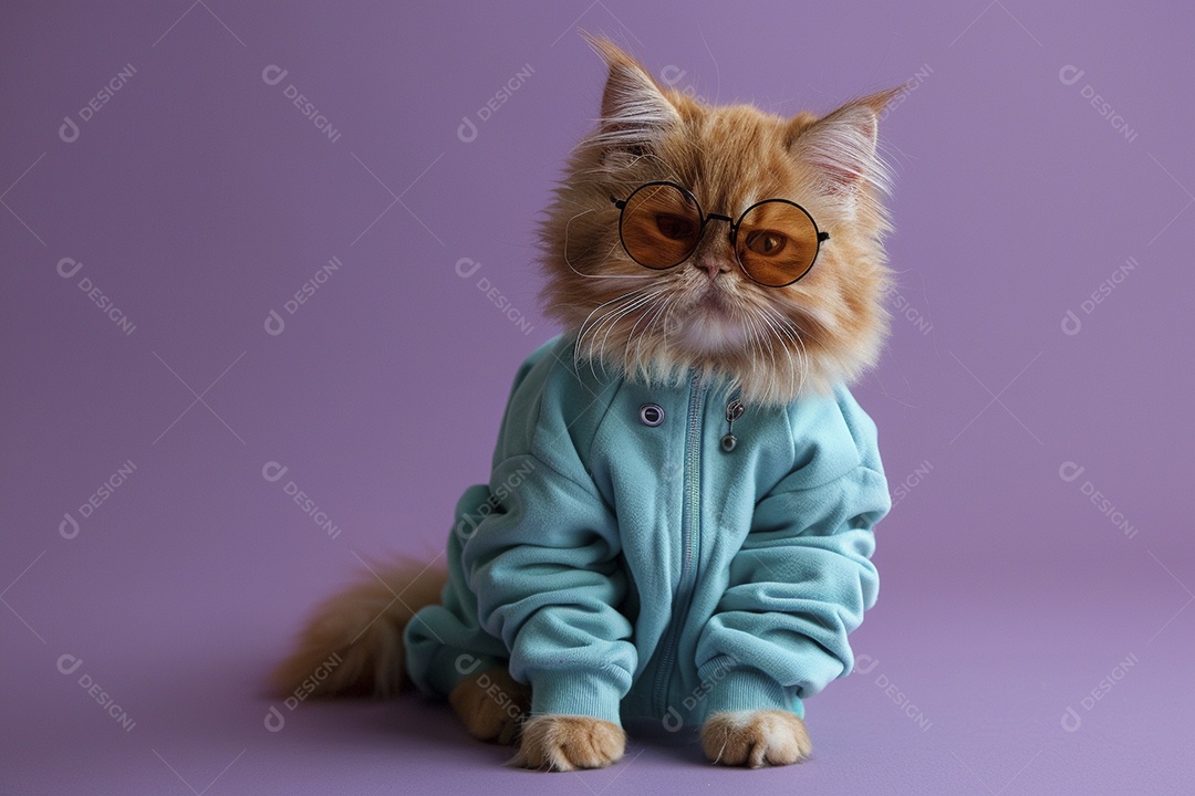 Gato laranja vestindo roupas azuis e óculos escuros em fundo isolado