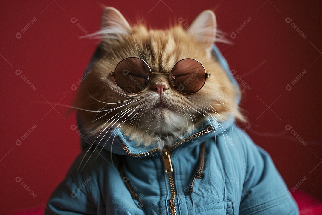 Gato laranja vestindo roupas azuis e óculos escuros em fundo isolado