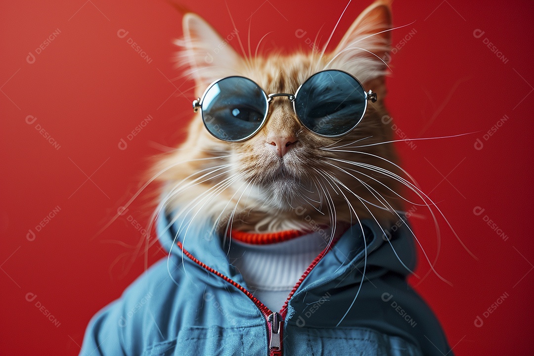 Gato laranja vestindo roupas azuis e óculos escuros em fundo isolado