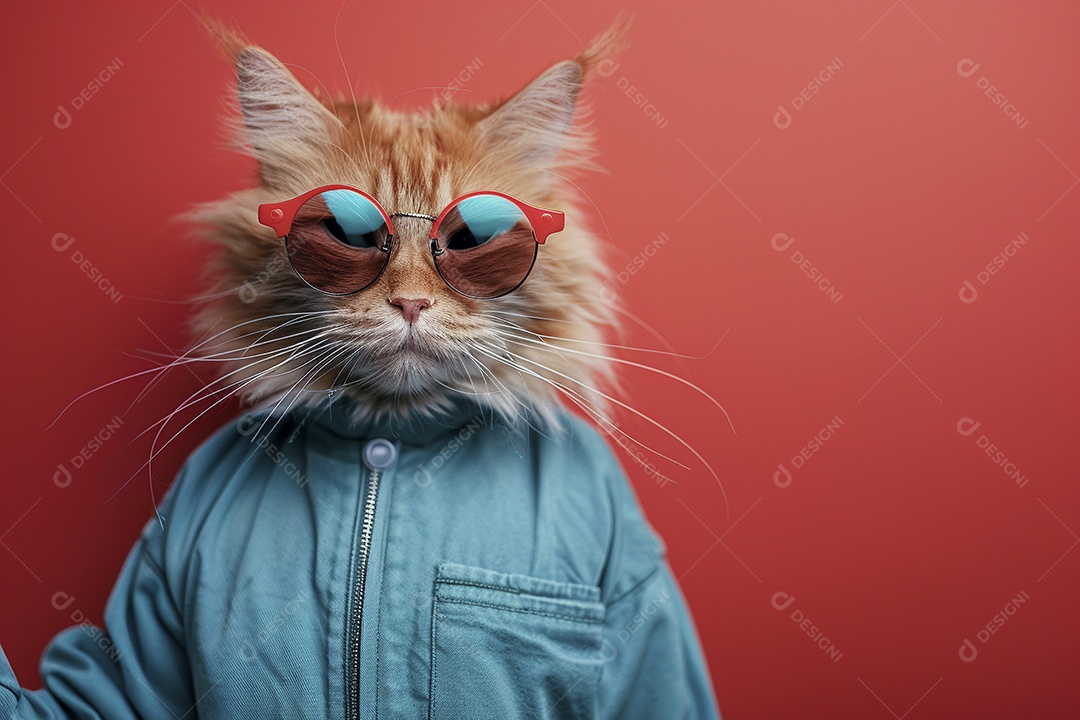 Gato laranja vestindo roupas azuis e óculos escuros em fundo isolado