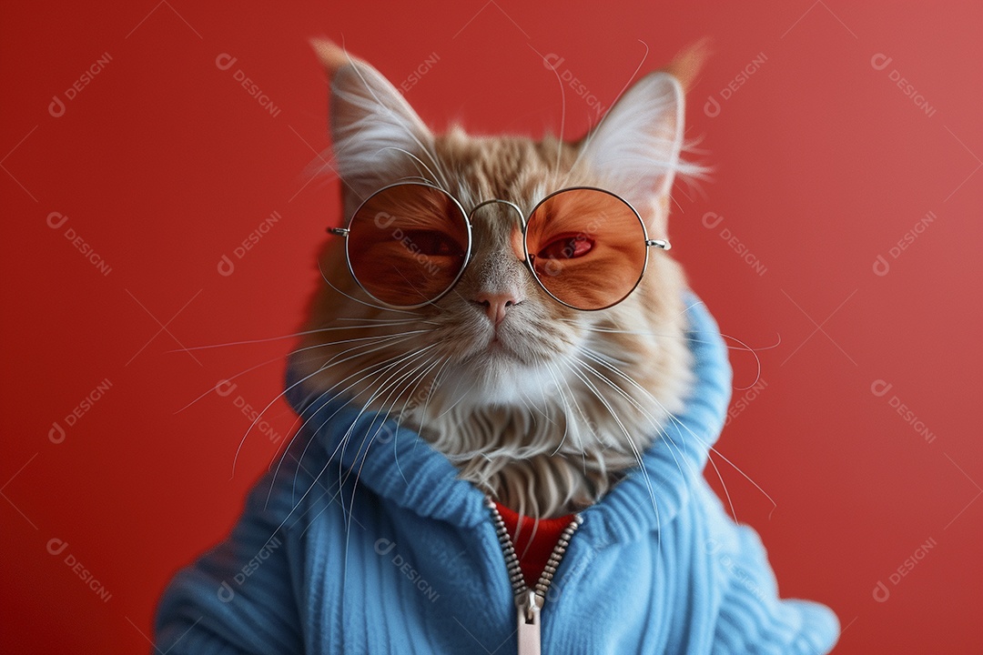 Gato laranja vestindo roupas azuis e óculos escuros em fundo isolado