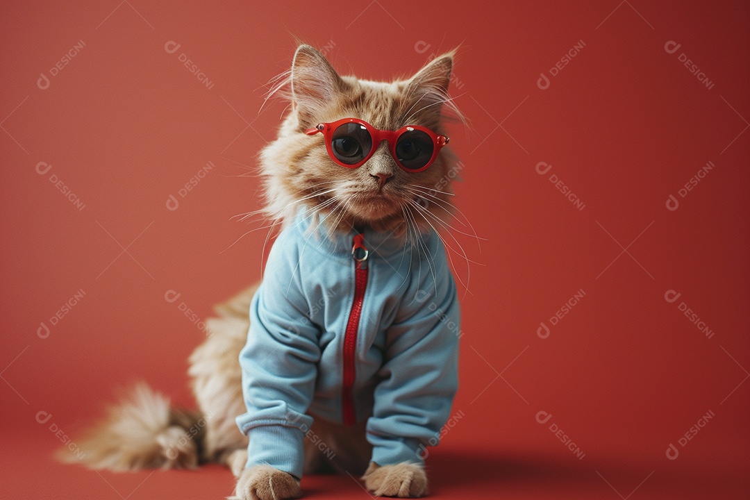 Gato laranja vestindo roupas azuis e óculos escuros em fundo isolado