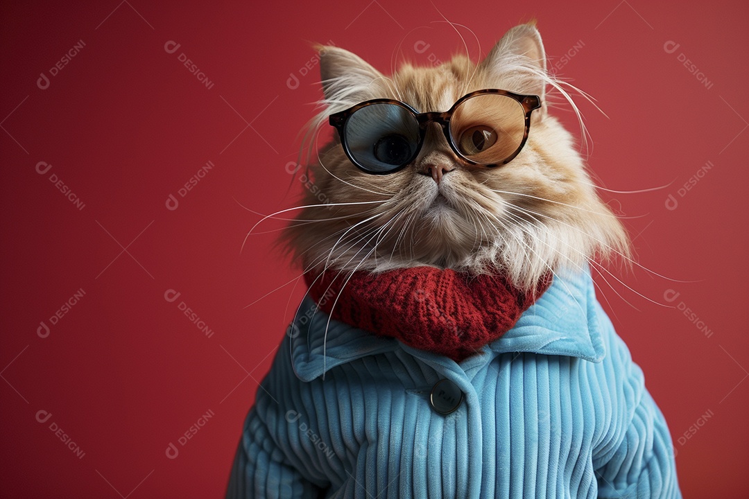 Gato laranja vestindo roupas azuis e óculos escuros em fundo isolado