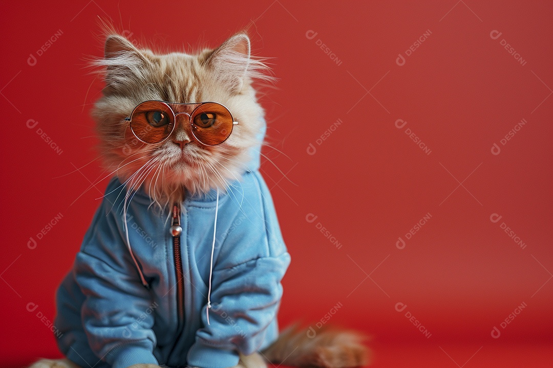 Gato laranja vestindo roupas azuis e óculos escuros em fundo isolado