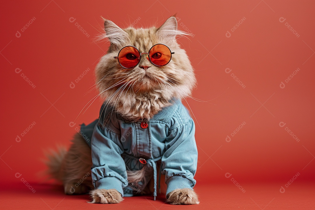Gato laranja vestindo roupas azuis e óculos escuros em fundo isolado