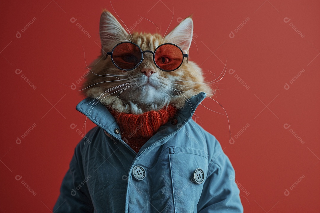 Gato laranja vestindo roupas azuis e óculos escuros em fundo isolado