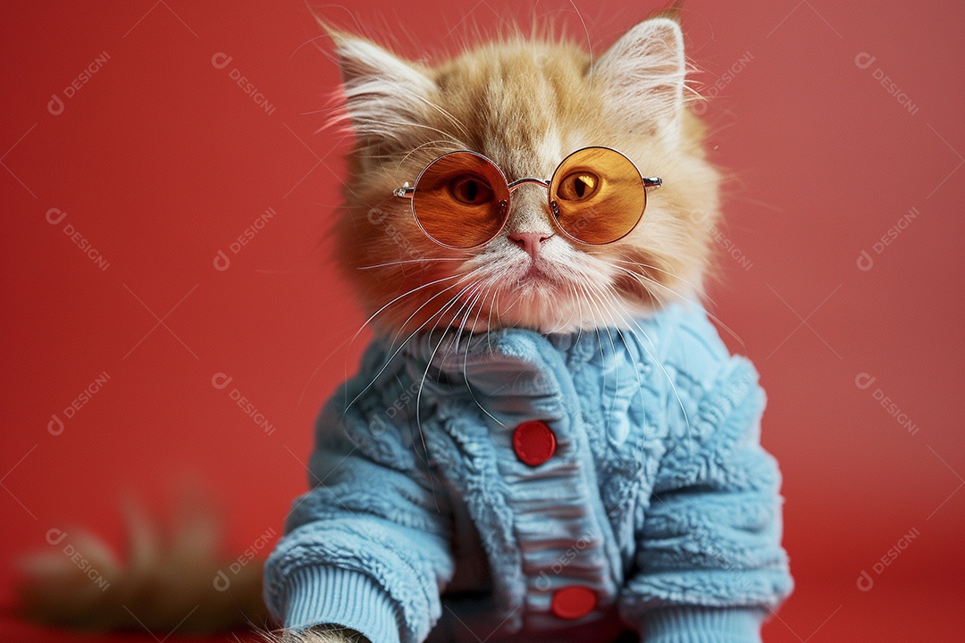 Gato laranja vestindo roupas azuis e óculos escuros em fundo isolado