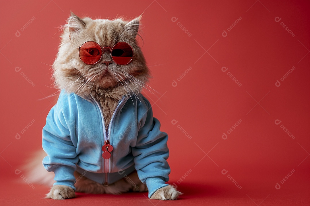 Gato laranja vestindo roupas azuis e óculos escuros em fundo isolado