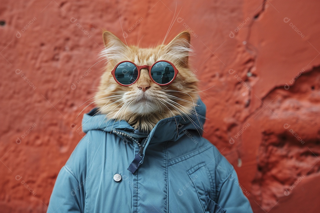 Gato laranja vestindo roupas azuis e óculos escuros em fundo isolado