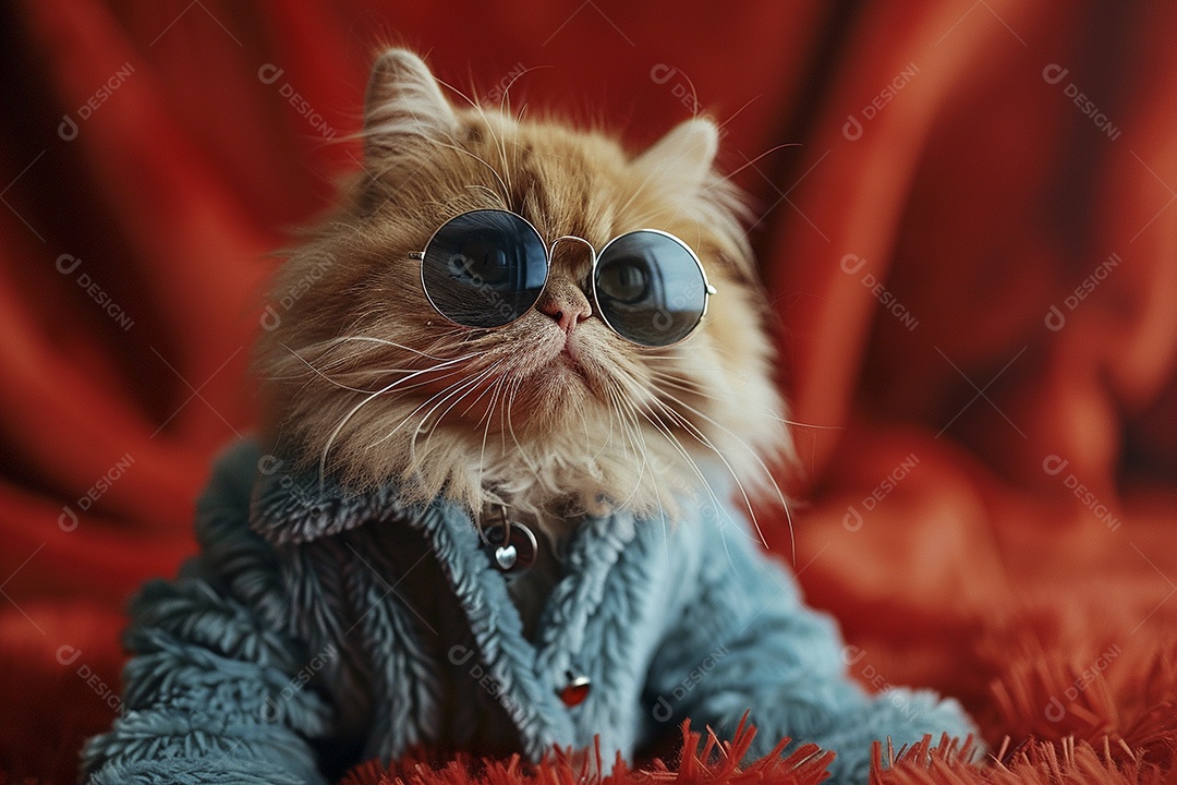 Gato laranja vestindo roupas azuis e óculos escuros em fundo isolado