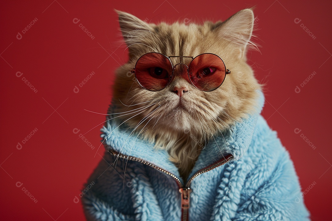 Gato laranja vestindo roupas azuis e óculos escuros em fundo isolado