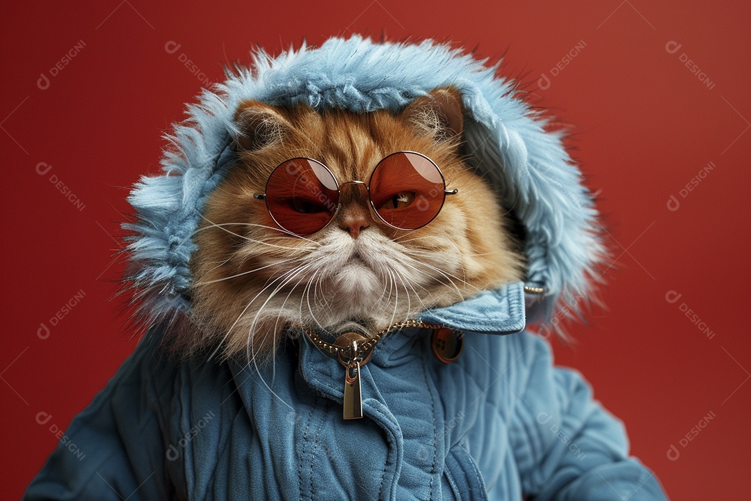Gato laranja vestindo roupas azuis e óculos escuros em fundo isolado